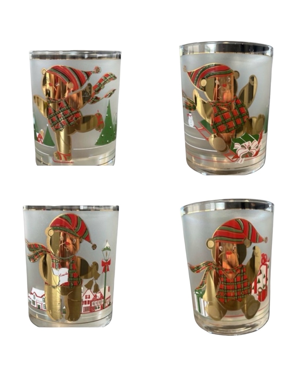 Vtg Culver Christmas Glasses Yule Teddy Bear 22k Gold Frosted Rocks Tumbler Set